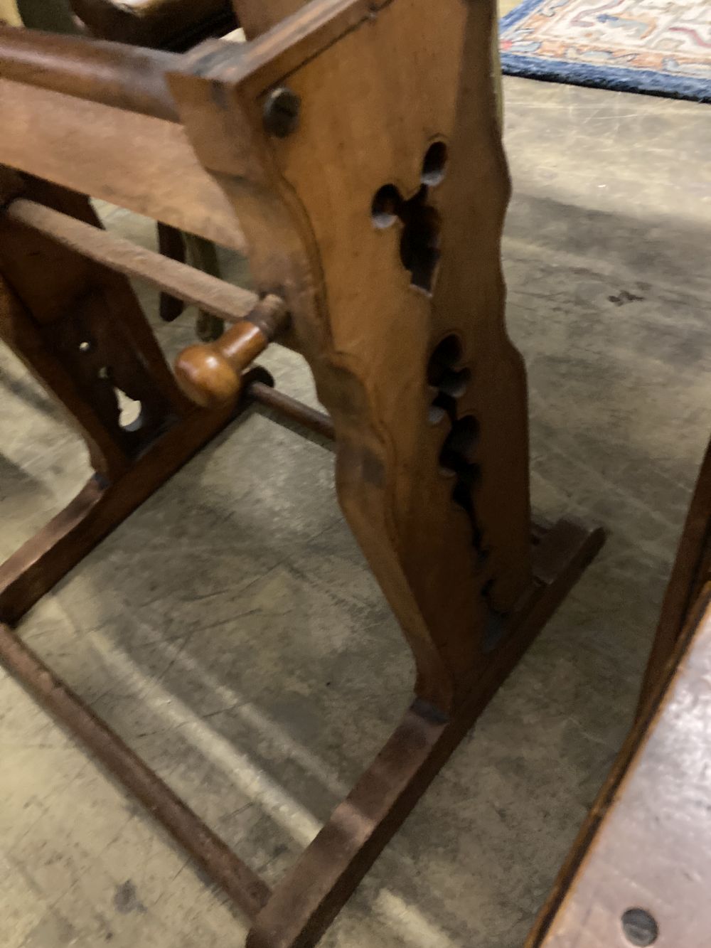 A 19th century Continental oak metamorphic rise and fall students desk together with a matching chair, desk width 66cm